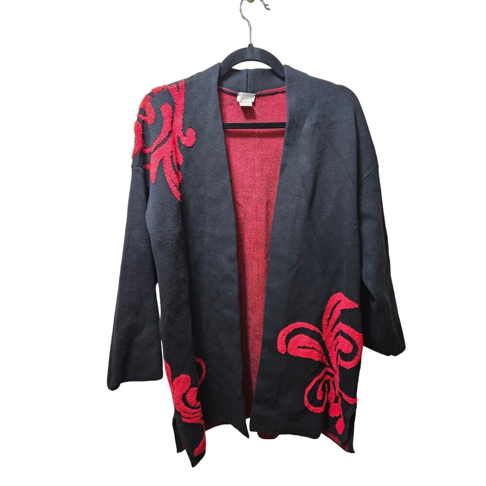 Chico's Luxurious Black with Red Abstract Floral Open Cardigan Coat - Size 2P